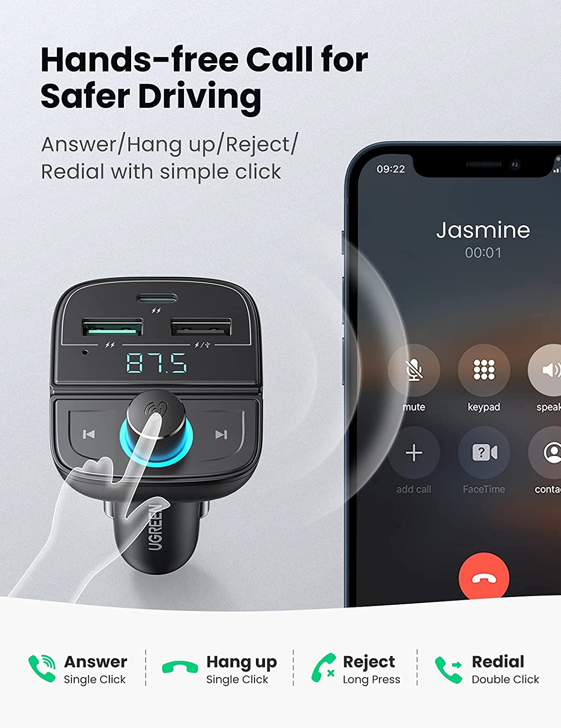 Ugreen Car Bluetooth Adapter - Bluetooth FM Transmitter for Car PD QC 3 0 Car