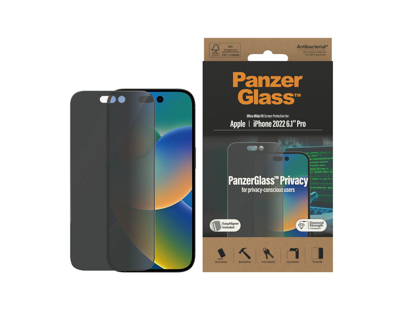 PanzerGlass iPhone 14 Pro Antibacterial Rimpered Glass Ultra Wide Fit Privacy