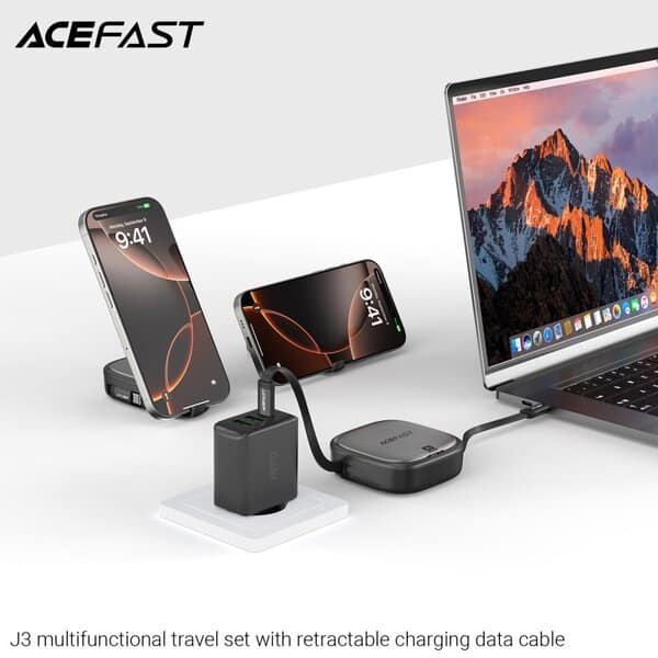 Acefast J3 multifunctional travel set with retractable charging data cable Black