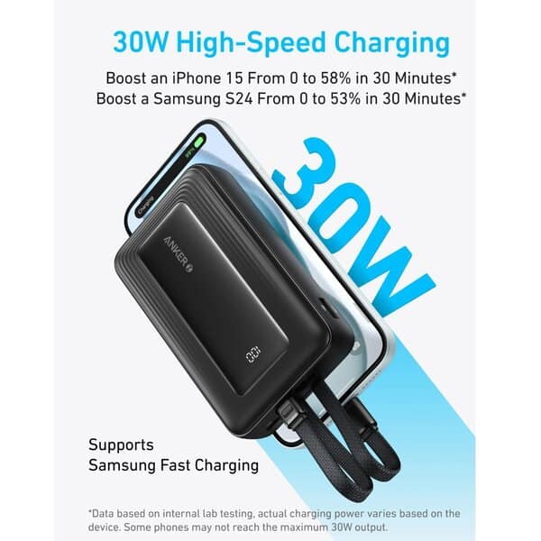 Anker Zolo Power Bank 20K 30W Built-In USB-C and Lightning Cable -Black product photo