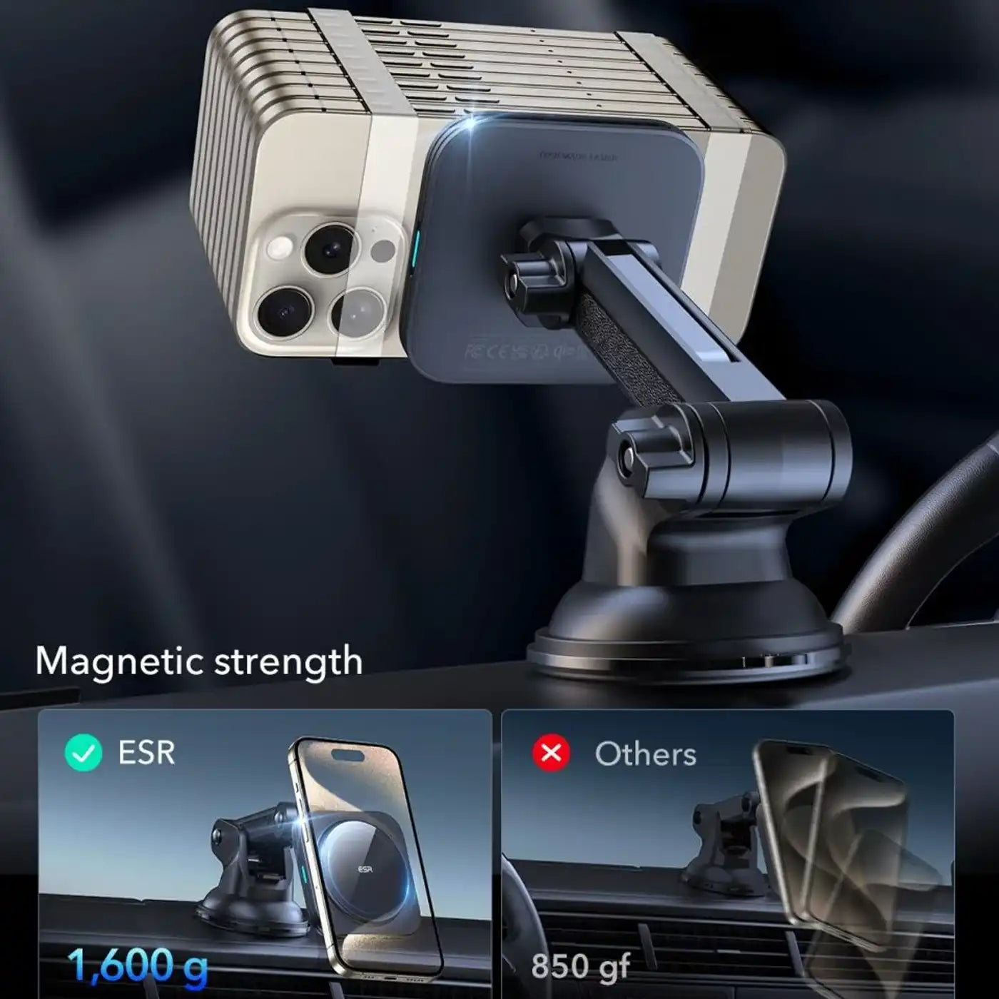 ESR Halolock Magnetic Magsafe Dashboard Car Mount Wireless Charger QI2 15W Black