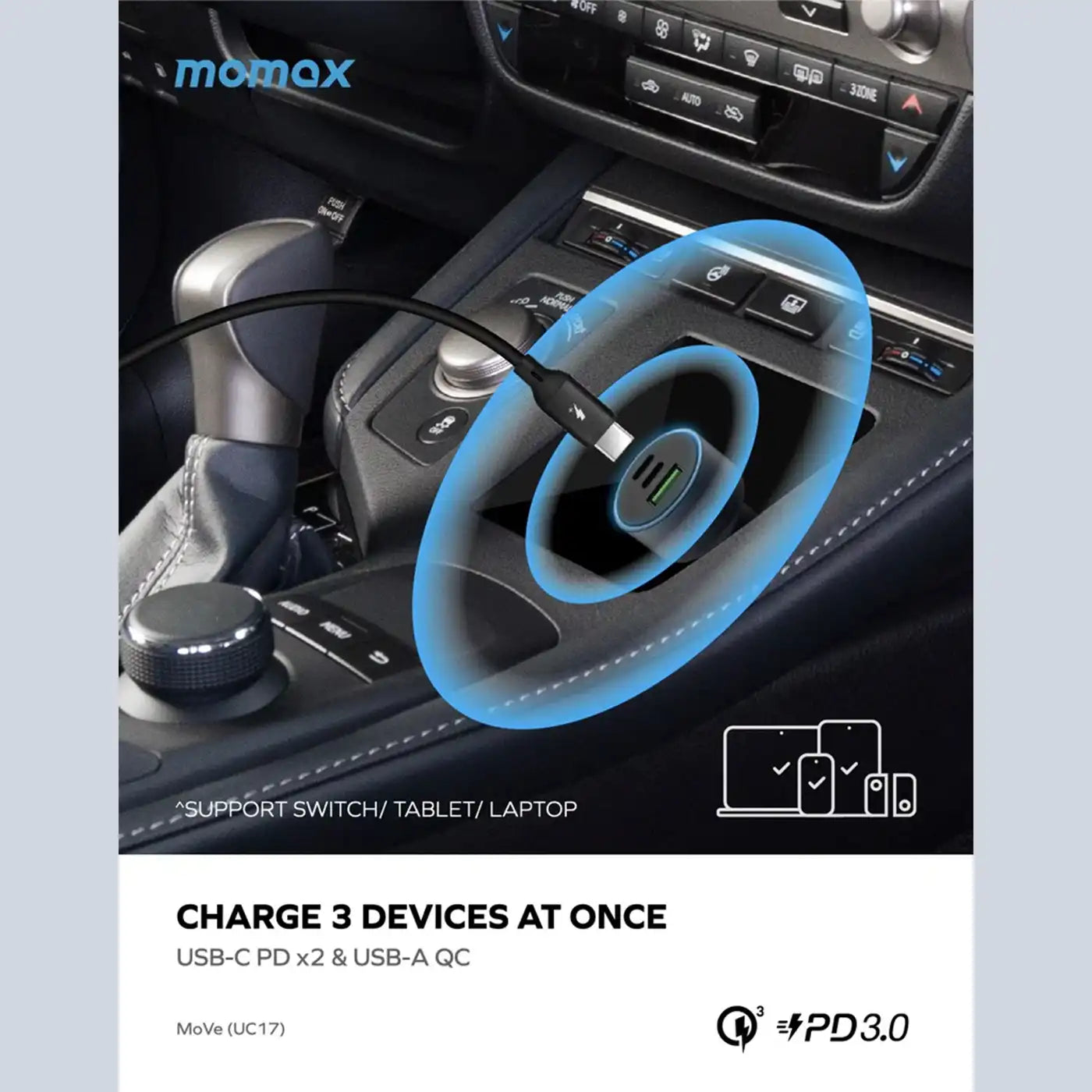 Momax Move 100W Triple Port Car Charger Gray in-use view