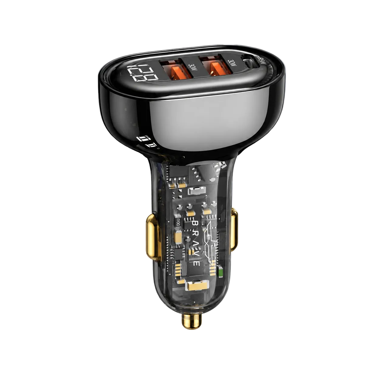 Brave 80W 3-Ports Transparent Digital Display Fast Car Charger (PD + Dual QC, 3 Fast Charging Protocols)