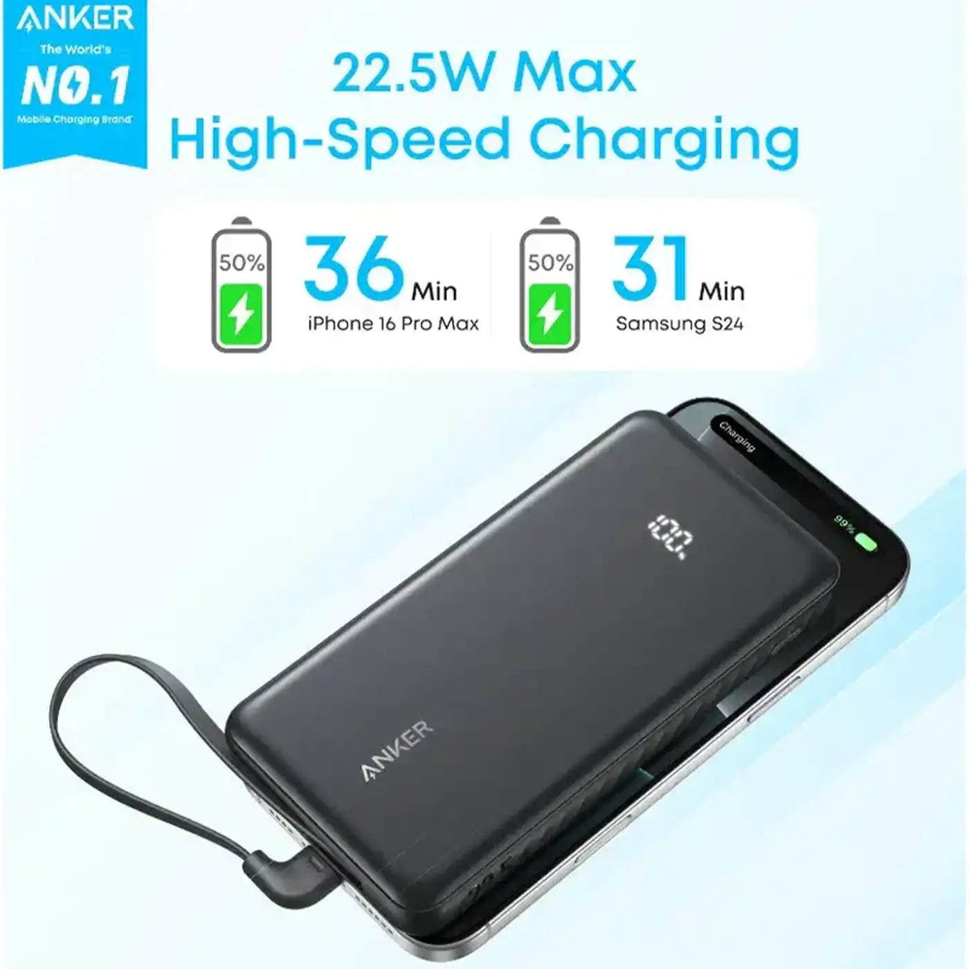 Anker Zolo Power Bank 10000mAh 22 5W Fast Charging Built-In USB-C Cable Black