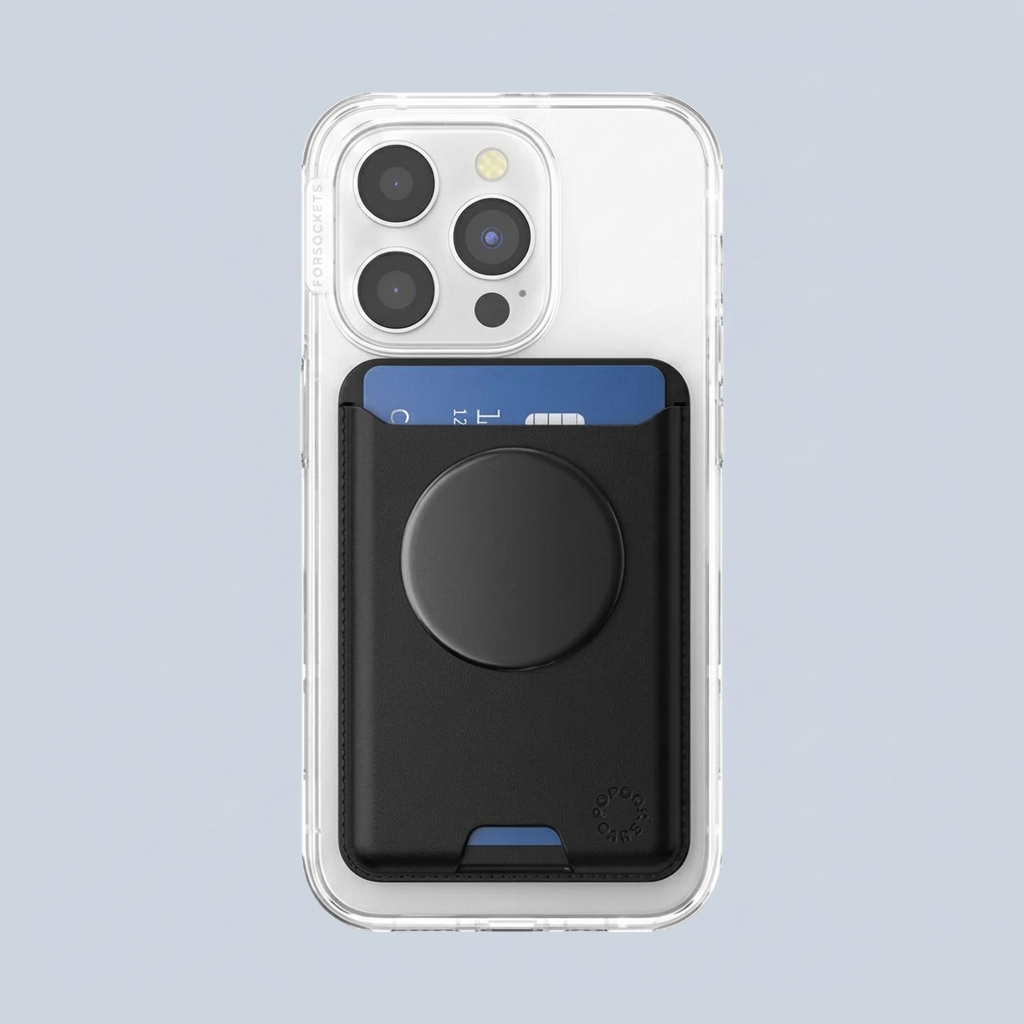 PopSockets Phone Wallet for MagSafe Phone Card Holder with Grip - Black in-use view