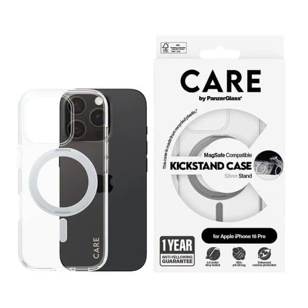 PanzerGlass iPhone 16 Pro Max CARE Feature Case Transparent w Silver Kickstand &