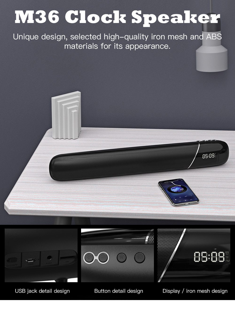 Remax M36 FM Radio Clock Desktop Bluetooth Wireless Speaker Alarm Clock - White