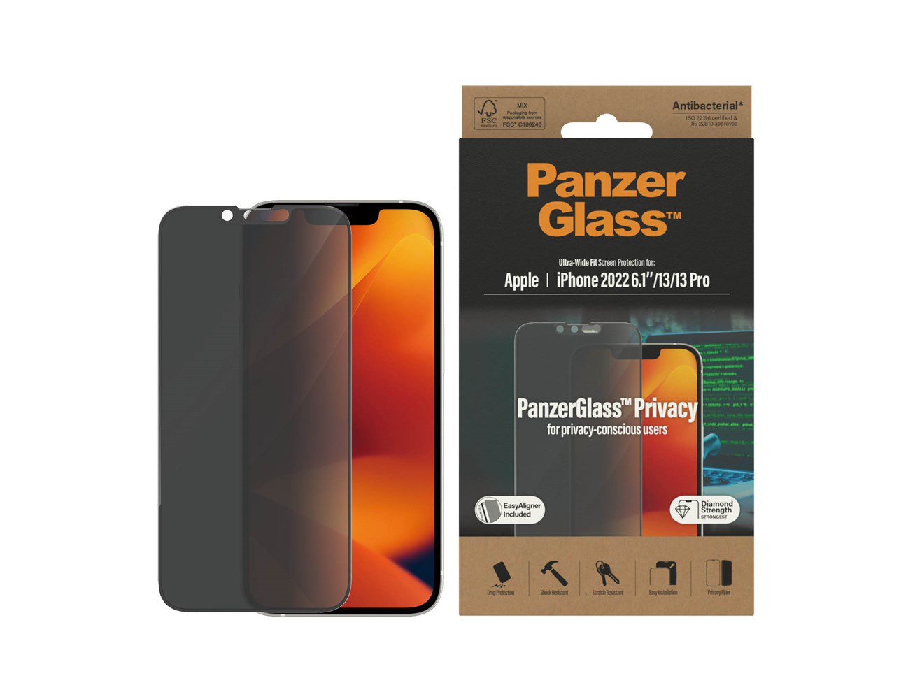 PanzerGlass iPhone 14 Antibacterial Tempered Glass Ultra Wide Fit Privacy