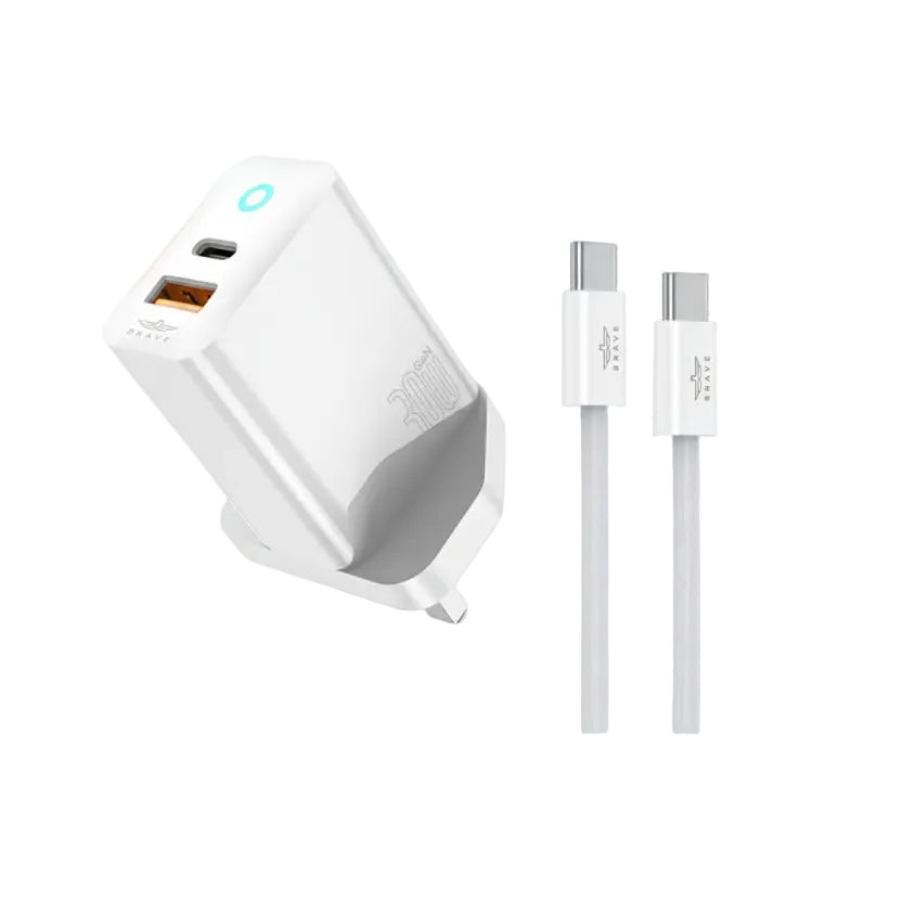 Brave 30W GaN Dual Port Fast Wall Charger Type-C + USB-A 60W Fast Type-C to C