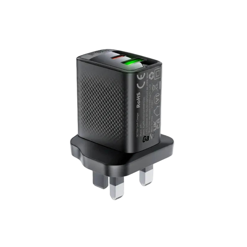 Acefast A99 30W GaN USB-C + USB-A UK Wall Charger - Black product photo