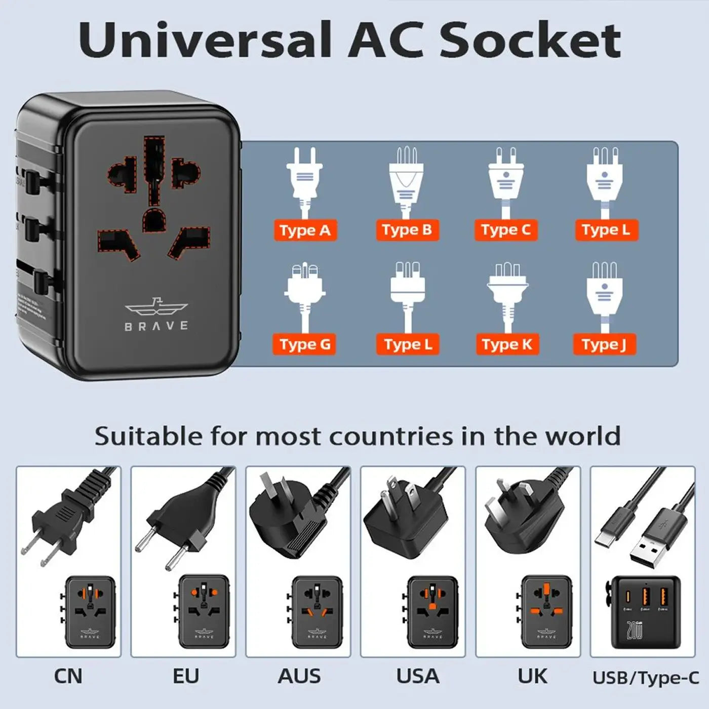 Brave 20W Fast Travel Charger GAN 3 Port + AC Adapter product photo