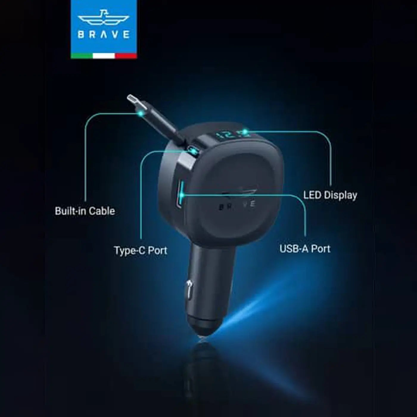Brave 60W Dual Port Car Charger with TYPE-C CABLE product photo