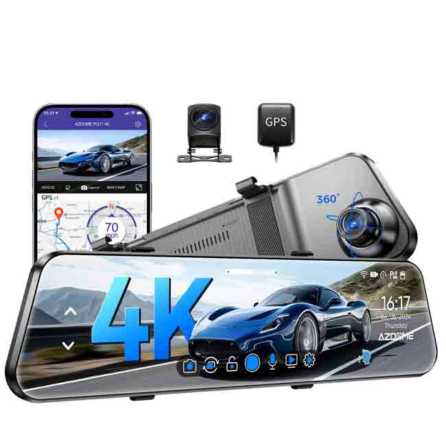 AZDOME PG17 2CH Mirror Dash Cam 4K with 12" Touch Screen 24H Parking Mode