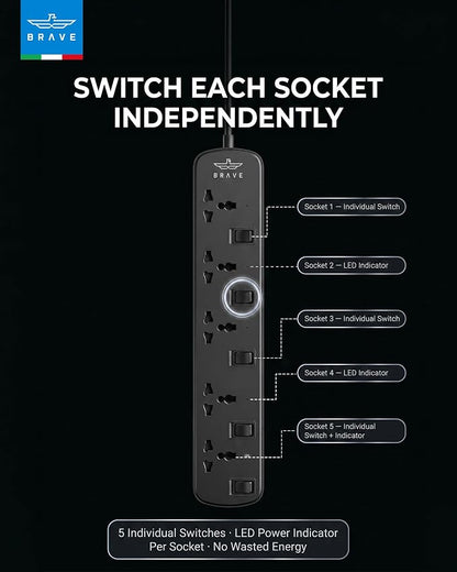 Brave 5-Way Universal Power Strip (2m) - Black (BPS-05)