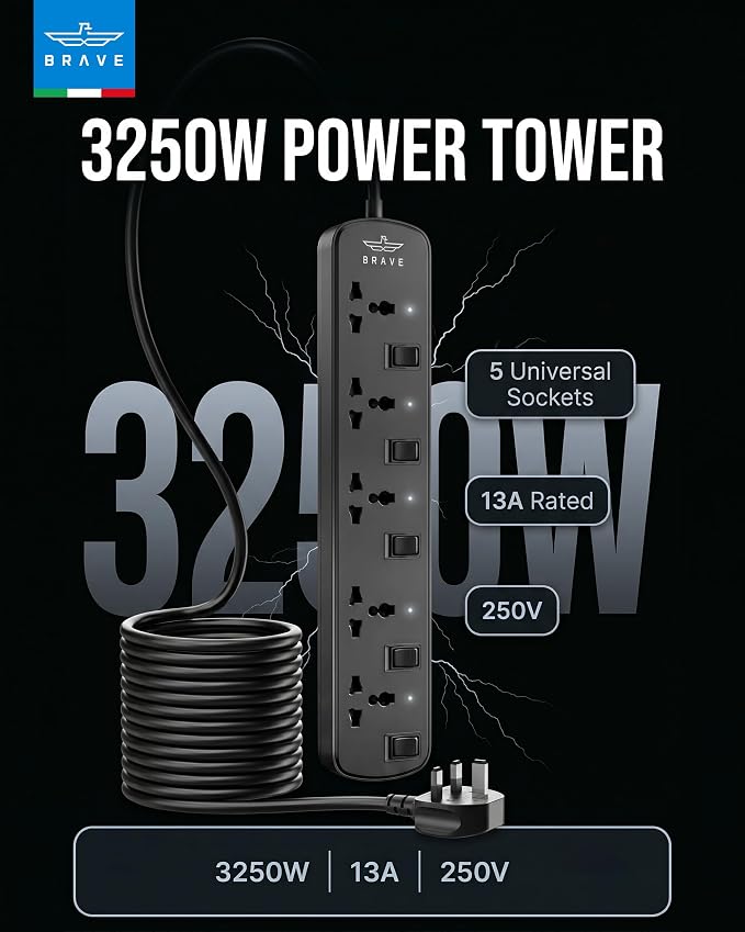 Brave 5-Way Universal Power Strip (2m) - Black (BPS-05)