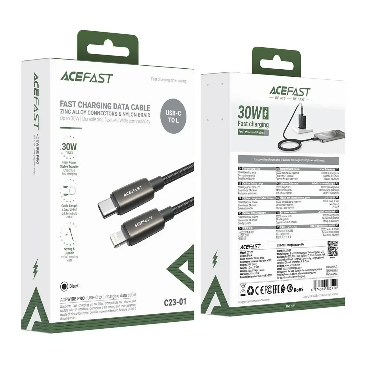 Acefast C23-01 PD Type-C To Lightning Charging Cable 30W 1 2M Black