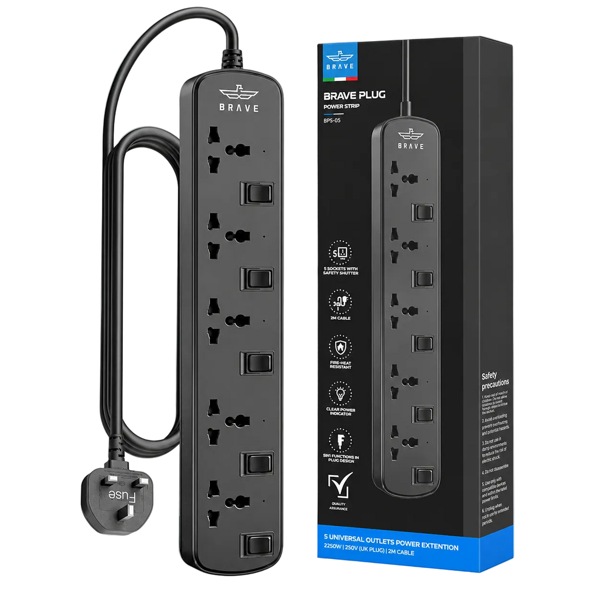 Brave 5-Way Universal Power Strip (2m) - Black (BPS-05)