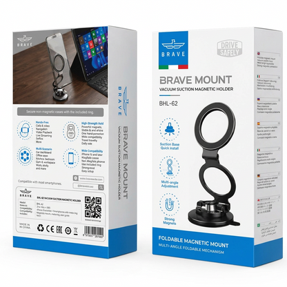 BRAVE BHL-62 Magnetic Vacuum Suction Car Mount Foldable Stand - Black