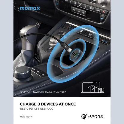 Momax Move 100W Triple Port Car Charger Gray in-use view