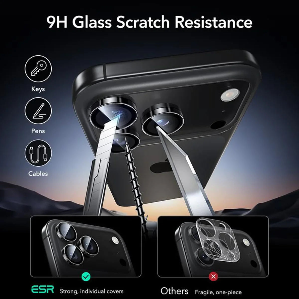 ESR iPhone 14 15 16 17 Pro & Pro Max Armorite Camera Lens Protector Black in-use view