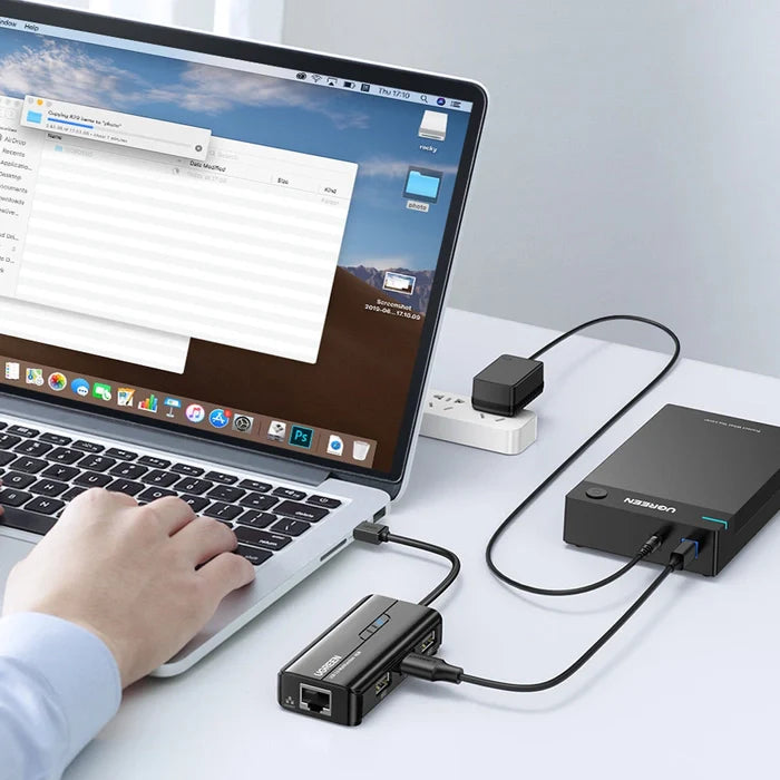 Ugreen 20264 RJ45 USB-A Network Adapter 10 100Mbps with three USB-A 2 0 ports - Black