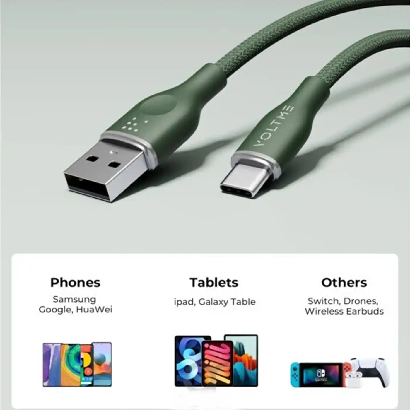 Voltme PowerLink USB-A to USB-C Cable – 60W – 1M – Green