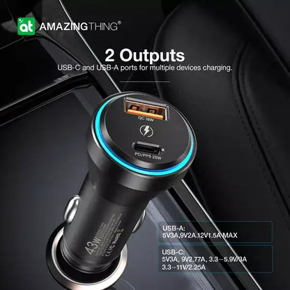 AmazingThing - FlexiPower Pro - 43W Dual Port USB-C & USB Car Adapter - Black