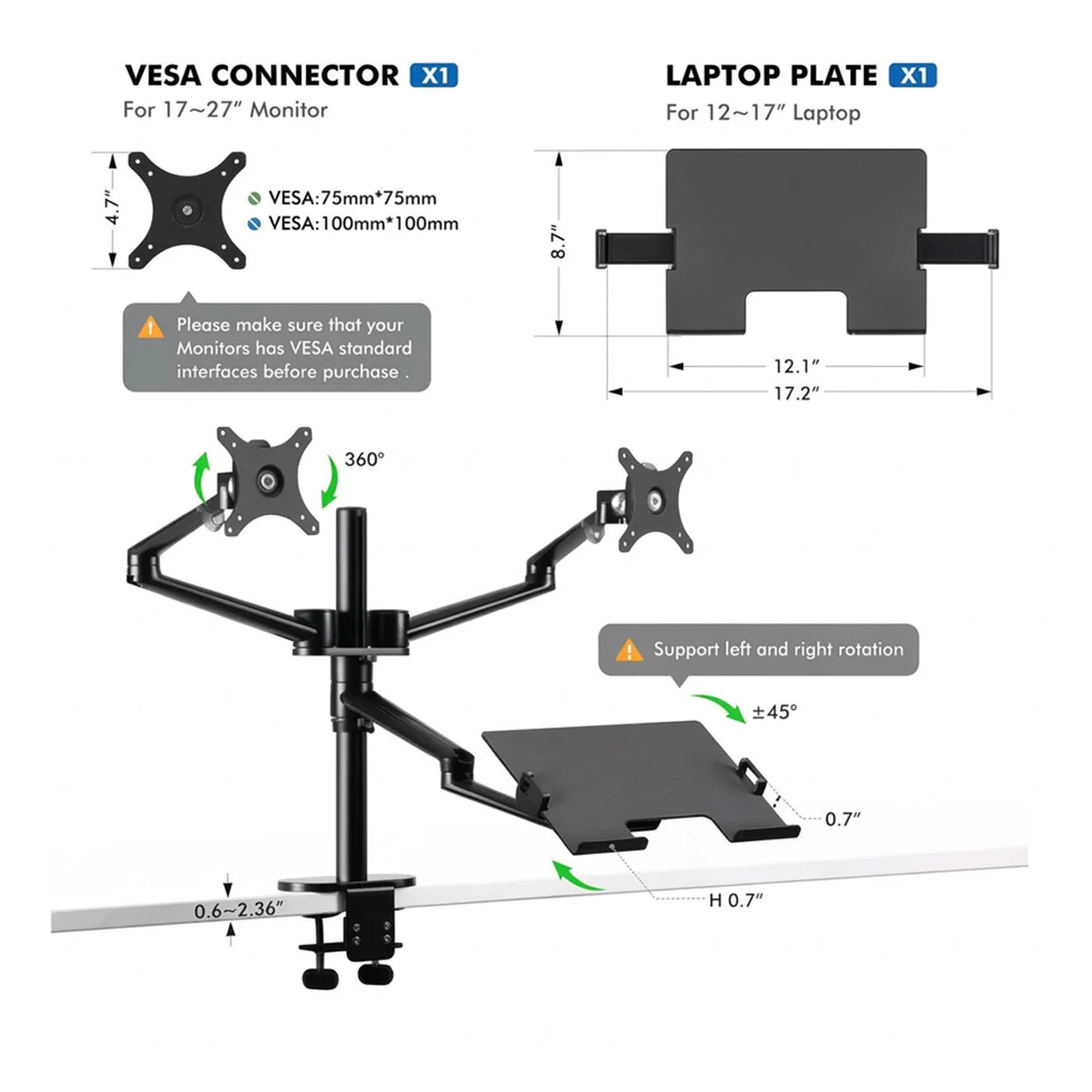 Gamvity 3-in-1 Adjustable Triple Monitor Arm Desk Dual Arm Stand product image