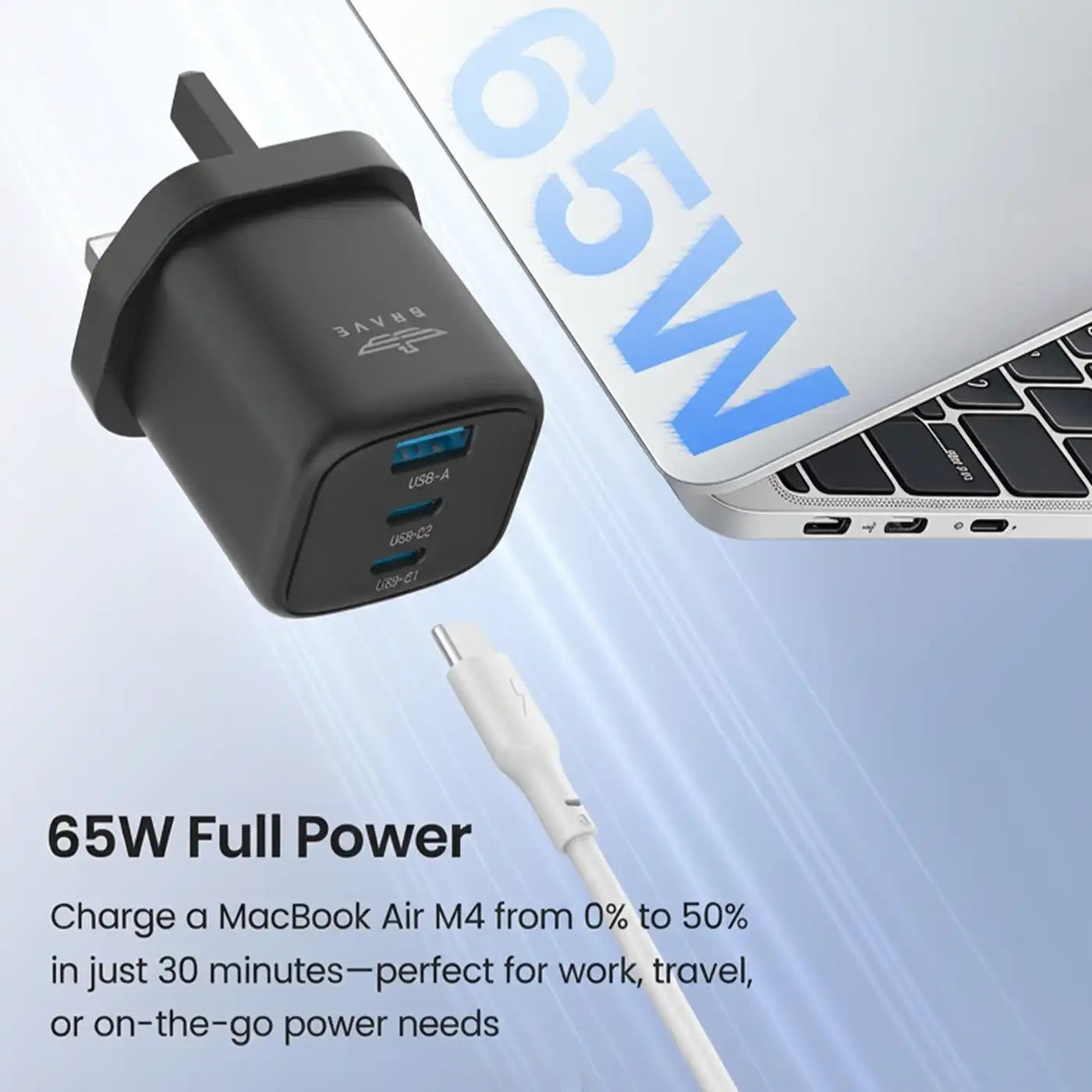 BRAVE BTC-44 65W GaN 3-Port USB-C Fast Charger - Black product photo