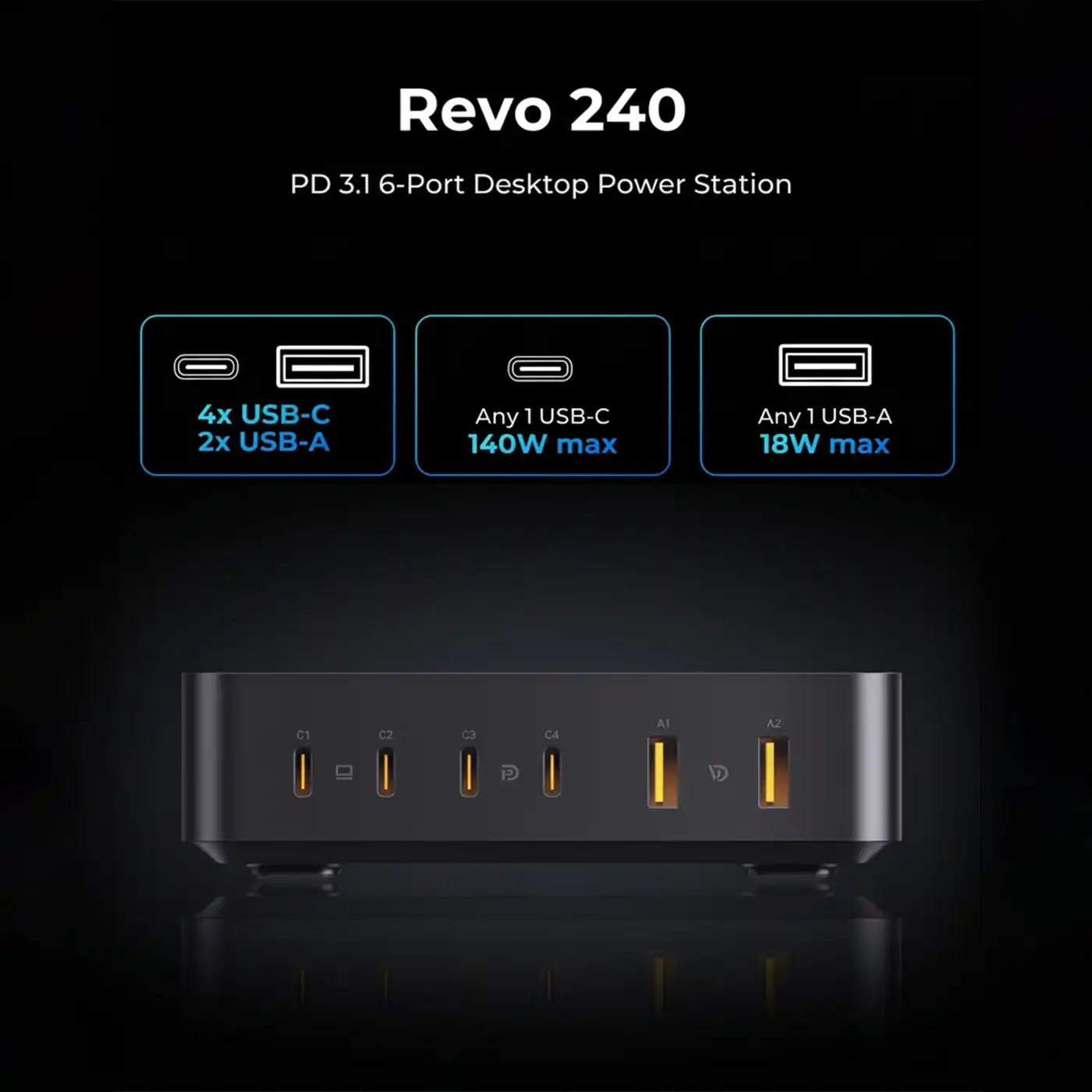 VOLTME Revo 240W 6-Port GaN Desktop Power Station Black product photo