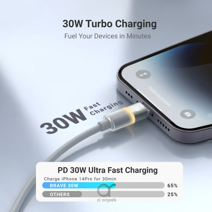 Brave BDC-50 FlexCharge Pro 30W USB-C to Lightning Cable Fast Charging 1M - Grey