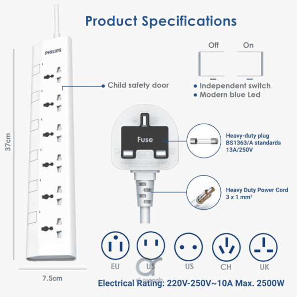 Philips 6-Way Universal Power Extension Cord 1 5M White product photo