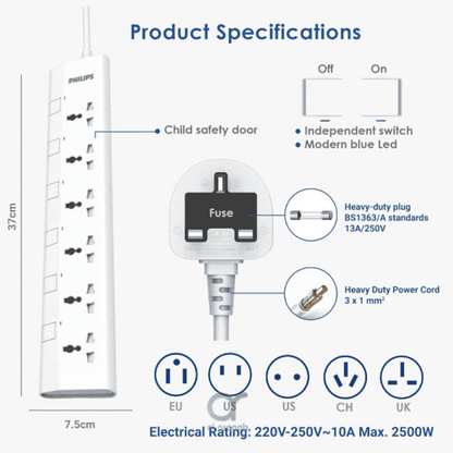 Philips 6-Way Universal Power Extension Cord 1 5M White product photo