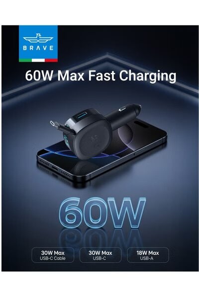 Brave 60W Dual Port Car Charger with TYPE-C CABLE additional product image