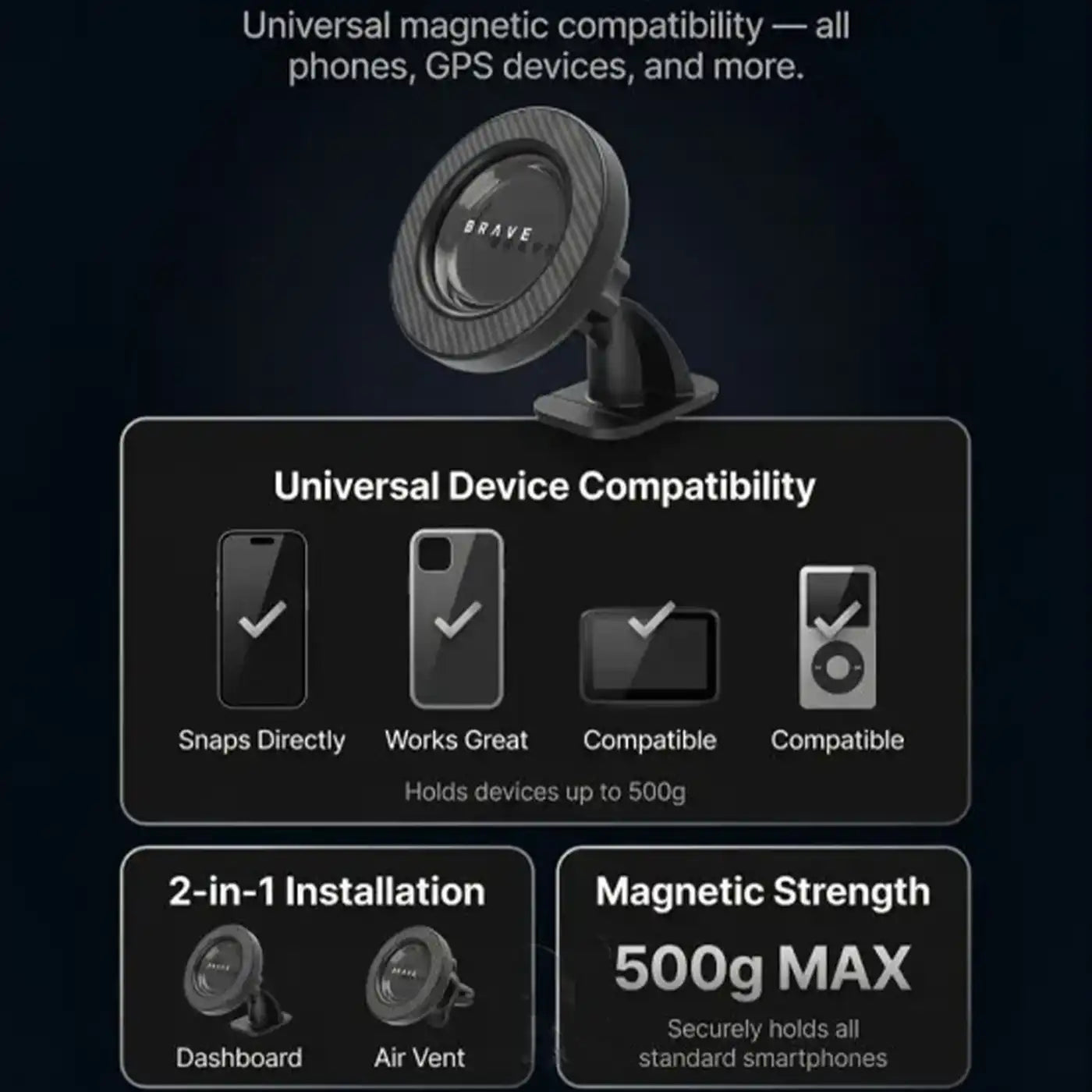 Brave 2-in-1 Magnetic Car Phone Holder - Black