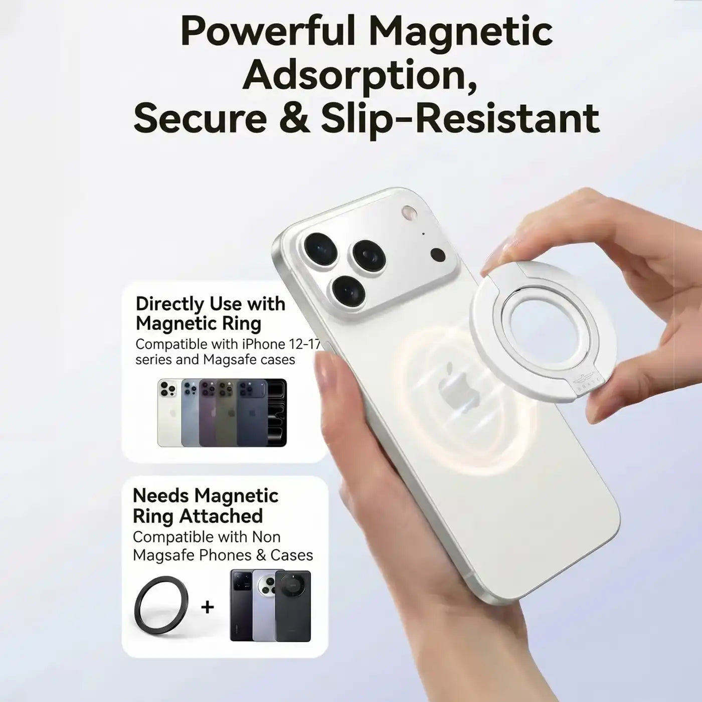 Brave MagSafe 3-in-1 Magnetic Phone Grip with Finger Strap & Kickstand – White