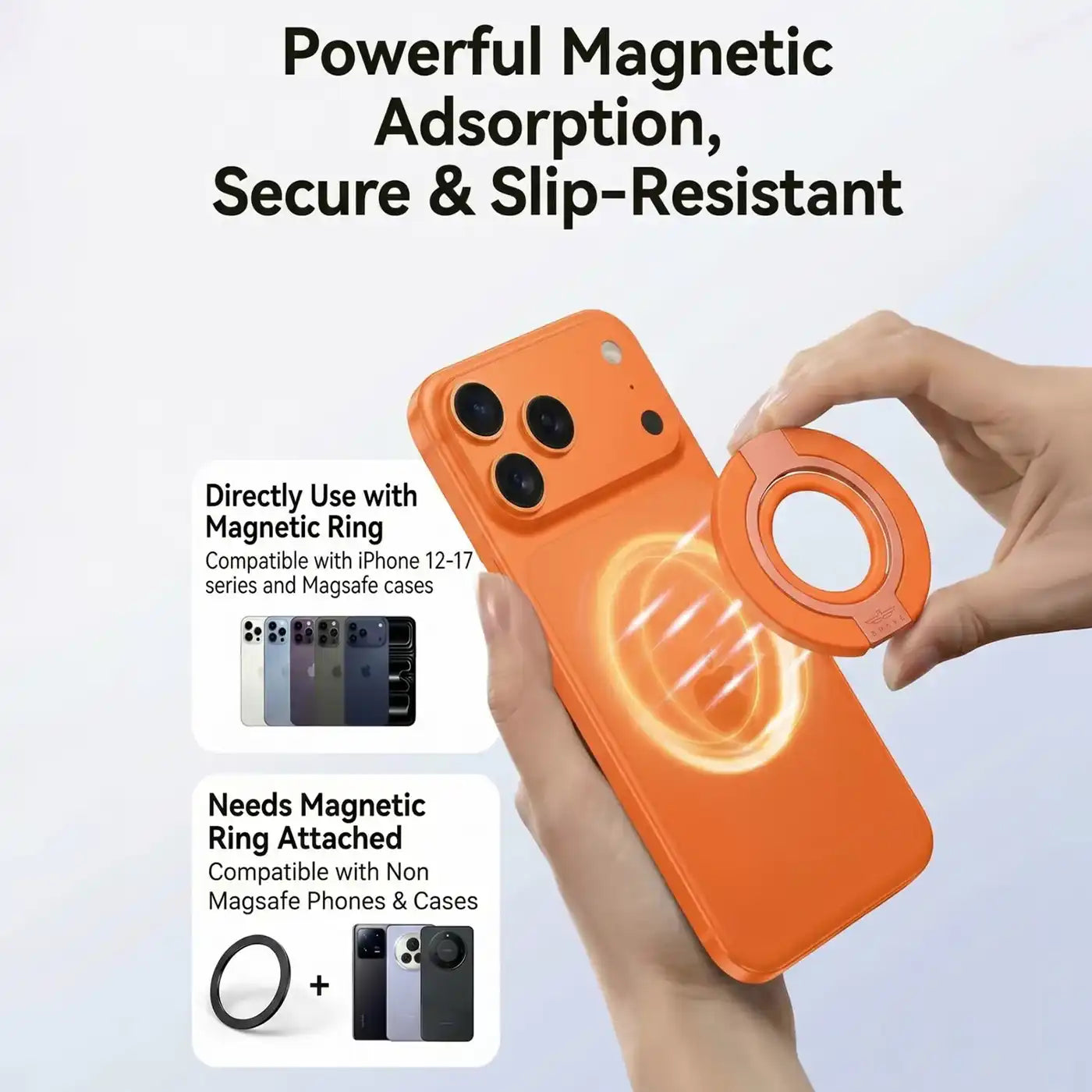 Brave MagSafe 3-in-1 Magnetic Phone Grip with Finger Strap & Kickstand – Orange