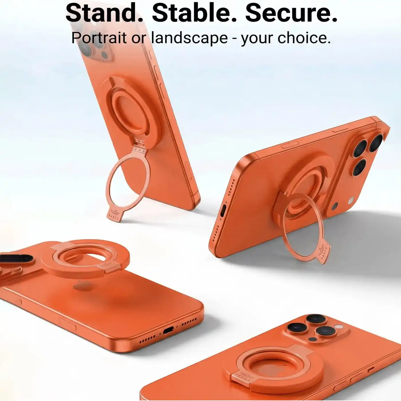 Brave MagSafe 3-in-1 Magnetic Phone Grip with Finger Strap & Kickstand – Orange