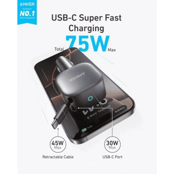 Anker Car Charger 75W Built-In Retrac C Cable Gray product photo