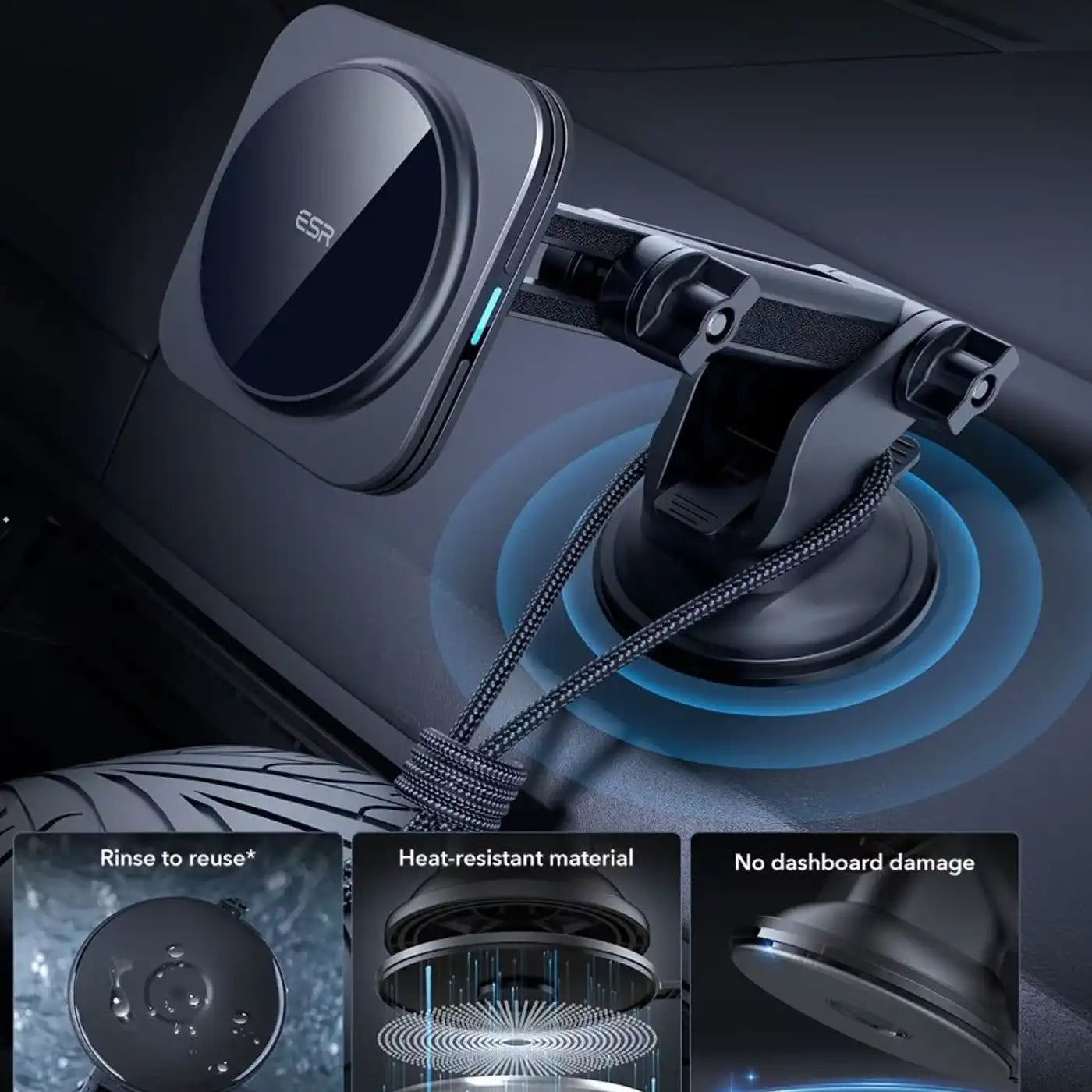 ESR Halolock Magnetic Magsafe Dashboard Car Mount Wireless Charger QI2 15W Black