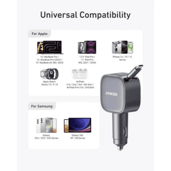 Anker Car Charger 75W Built-In Retrac C Cable Gray product image