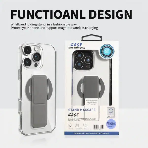 MagSafe iPhone 15 Pro Stand Case Foldable Wristband Grip -Clear product image