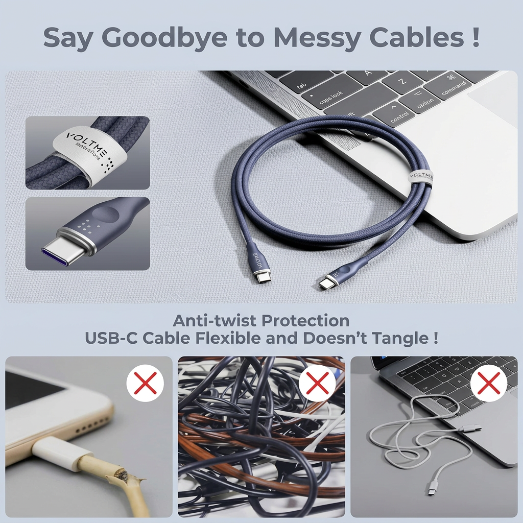 VOLTME USB-C & USB-C3A 60W Braided Nylon Cable 1m - Blue additional product image