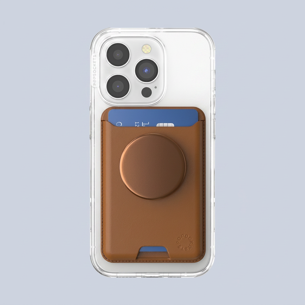 Popsockets Phone Holder Pop Wallet Grip Leather Magsafe Cognac in-use view