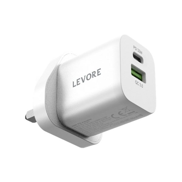 Levore Wall Charger 33W 1XUSB-C PD and 1XUSB-A QC3 Port - White