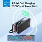 BRAVE 12000mAh Power Bank with 22.5W Fast Charging, Built-in USB-C & Lightning Cables, LED Display - Image 3